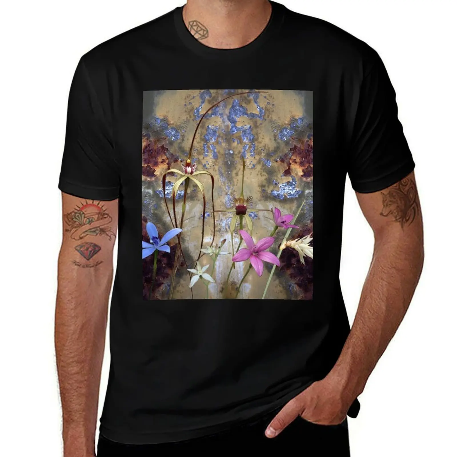 Silky Blue & Orchids with Blue Rusty Metal, native orchids of Western Australia. T-Shirt