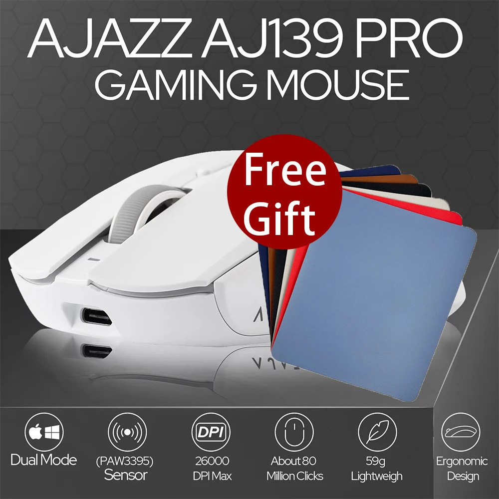 AJAZZ AJ139Pro 2.4G Gaming Mouse 26000 DPI PAW3395 Sensor 2.4G/Wired Dual Mode Connection Ergonomic Design 59g Lightweight Mouse