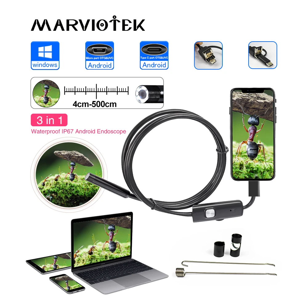 Câmera endoscópio USB HD, Wi-Fi impermeável, Wire Snake Tube, Inspeção Borescope para OTG, Compatível com Android, iPhone