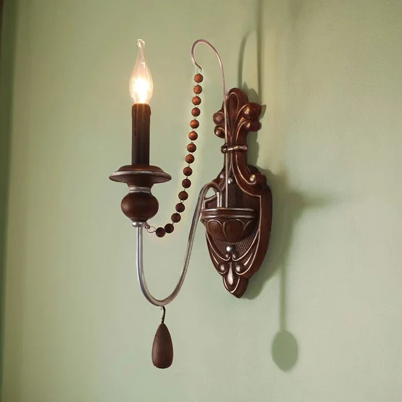 #country retro wall lamp solid wood living room background wall bedroom bedside lamp aisle homestay candle lamp Exquisite patter