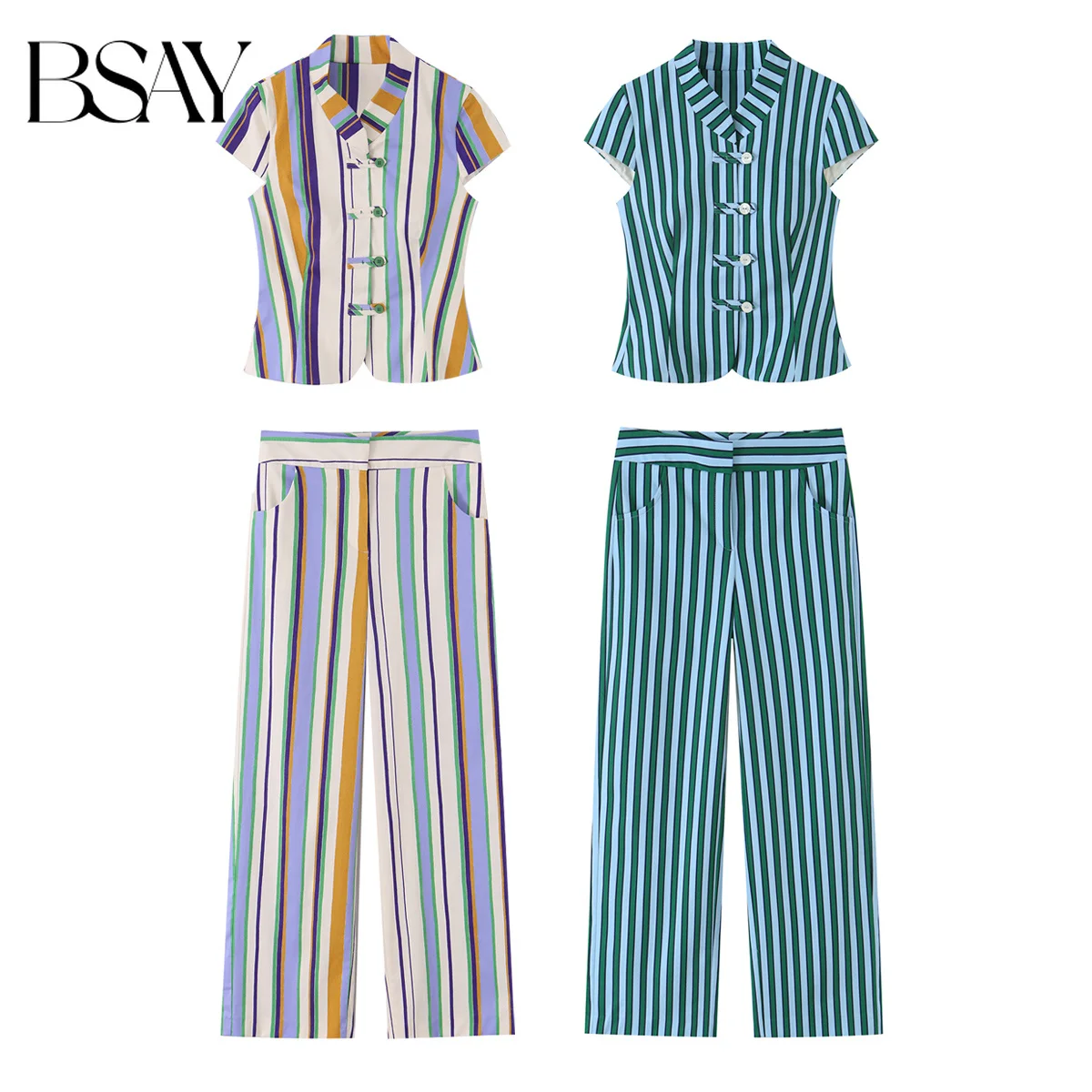 BSAY 2026  Vintage Women Vertical Striped Stand Collar Knot Button Top High Waist Straight Leg Pants Daily Commuter Matching Set