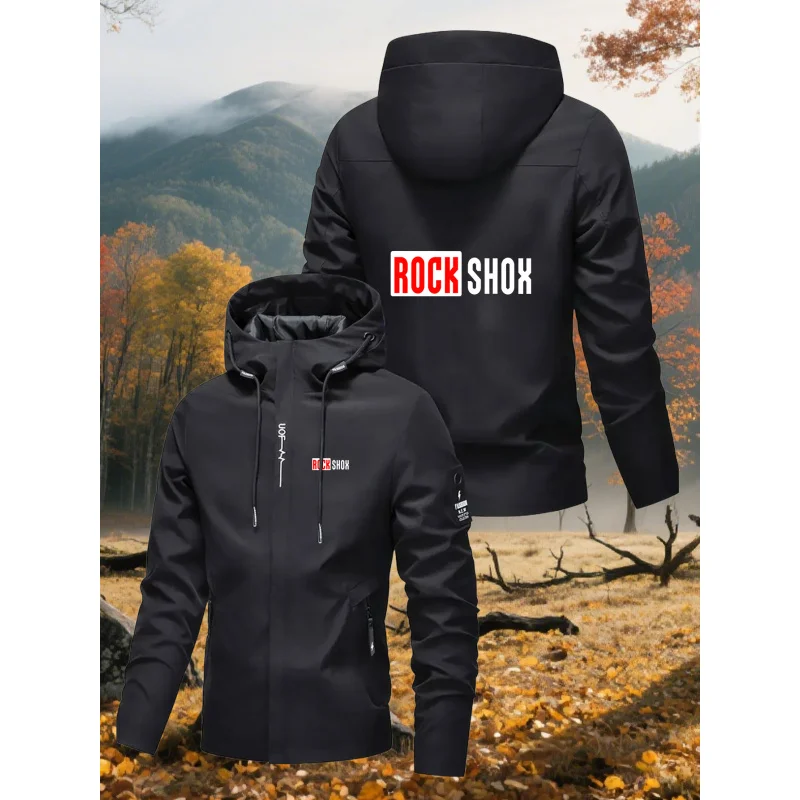 

Мужская уличная куртка с капюшоном, персонализированный принт "ROCKSHOX", разноцветная, для активного отдыха.