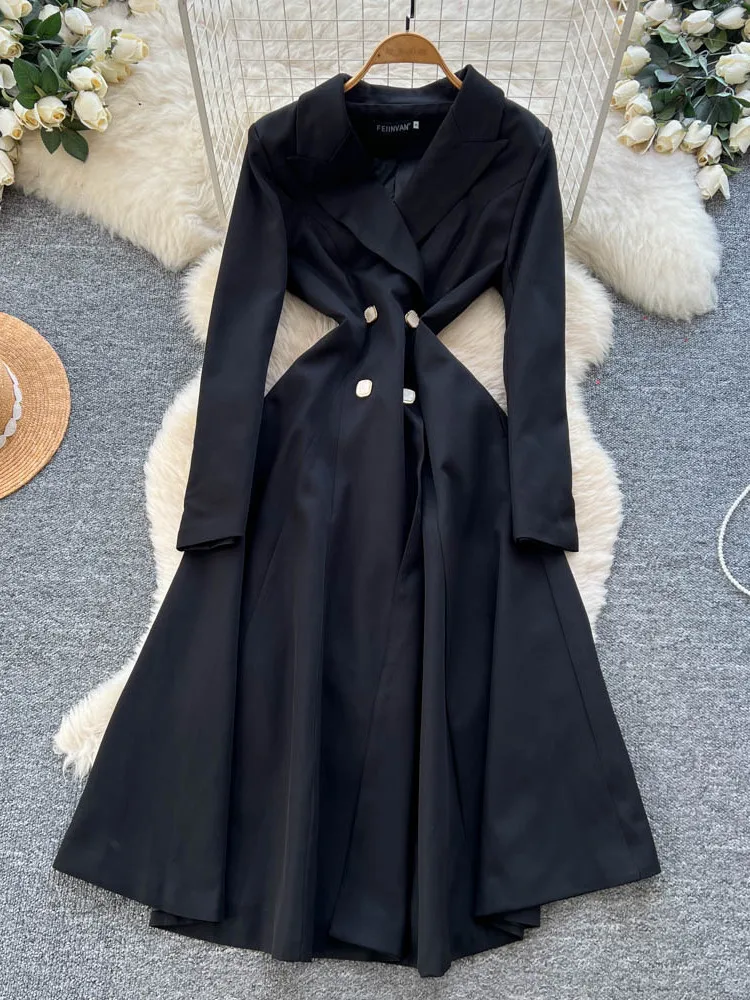 Retro Damesachtige Double-Breasted Pak Kraag Windjack Dr Afslanken Hoge Taille A-lijn Rok Lange Sve Herfst Winter Dr