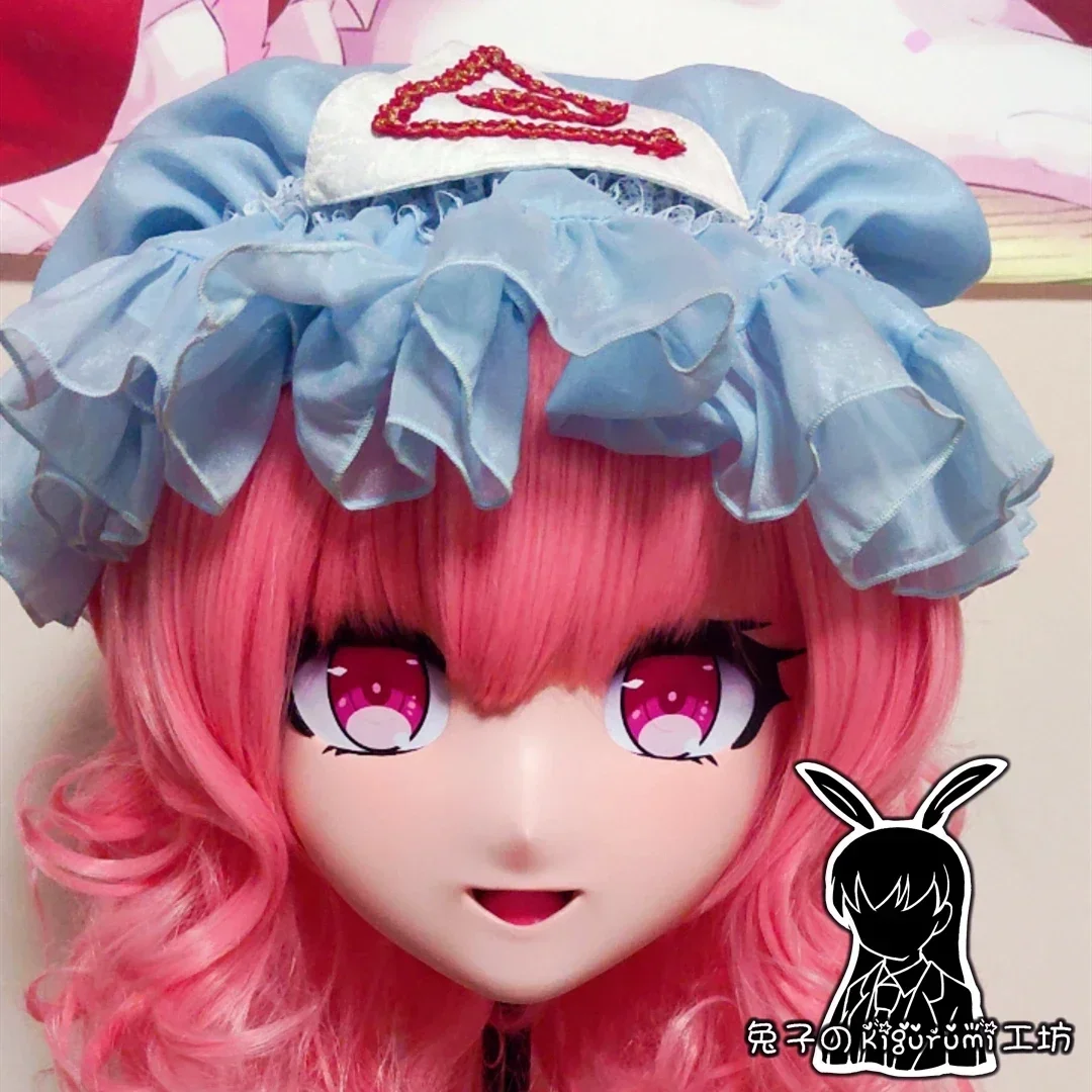 (B45) Customized Full Head Mask with Backshell Comic Coser Crossdressing Silicone Anime Saigyouji Yuyuko Kigurumi Mask Cosplay