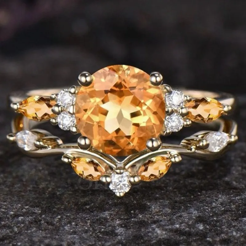 

New European and American personalized jewelry yellow zircon inlaid women's double-layer ring