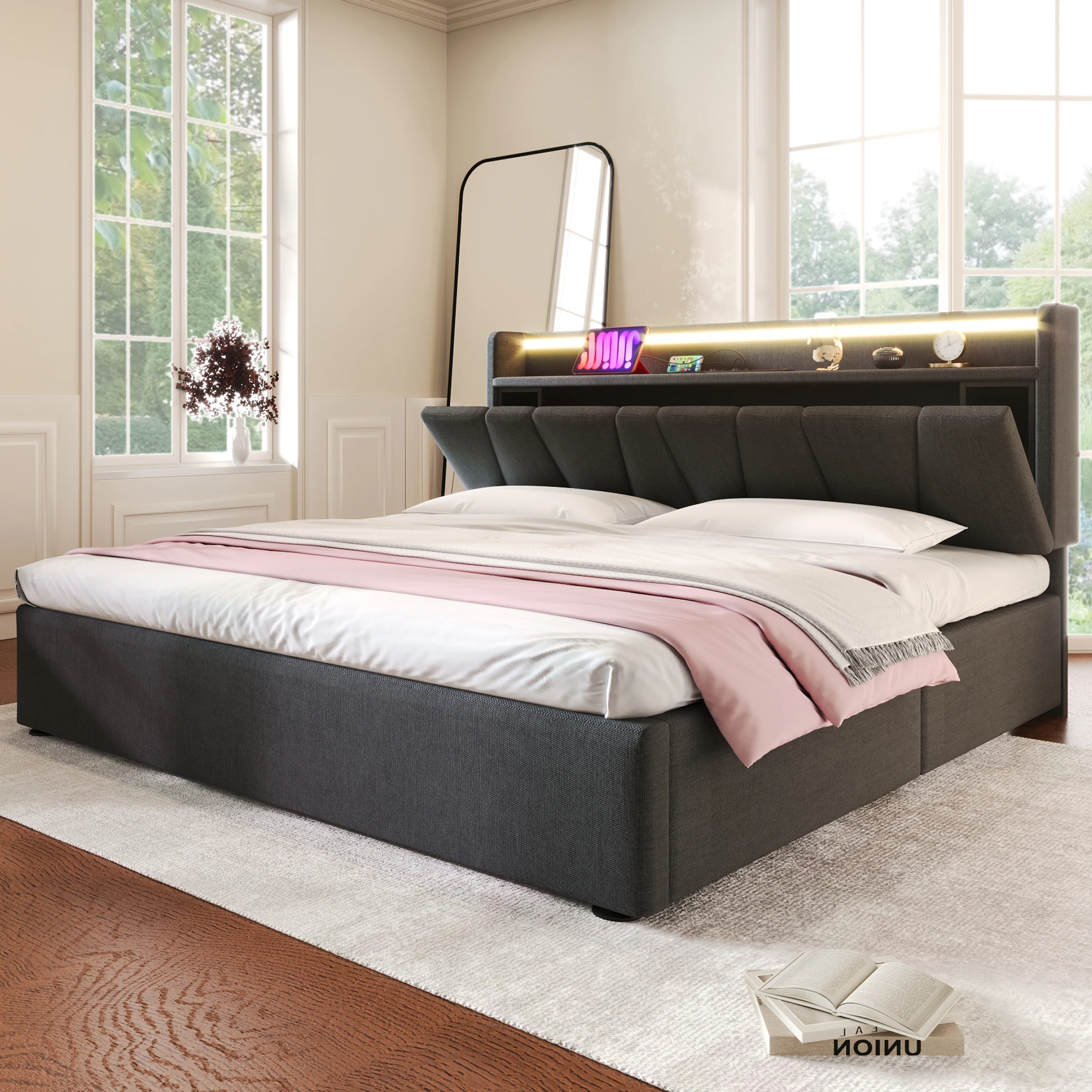 Lit double 160x200 cm - lit coffre rembourré - tête de lit réglable - lin - sans matelas - Gris