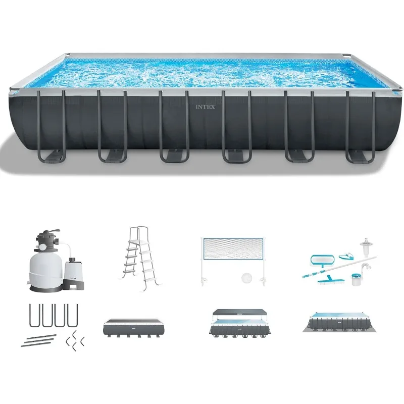 

Intex 26367EH 24' x 12' x 52" Rectangular XTR Frame Swimming Pool w/Filter Pump - Large Above Ground Backyard Rectangle Pool