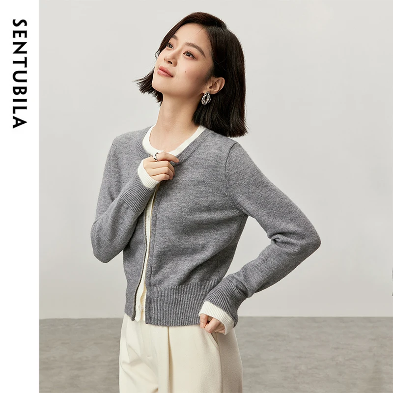 SENTUBILA Patchwork Spliced Cardigan for Women 2024 Autumn Straight 2 in 1 Sweater Fashion Single Breasted Knit Tops W43E56917