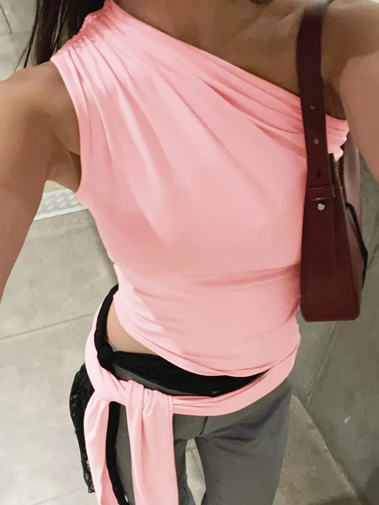 Bangniweigou Side Ribbon Single Shoulder T Shirt Women 2025 Spring Summer Fashion Pink Tank Top 2000s Clothes