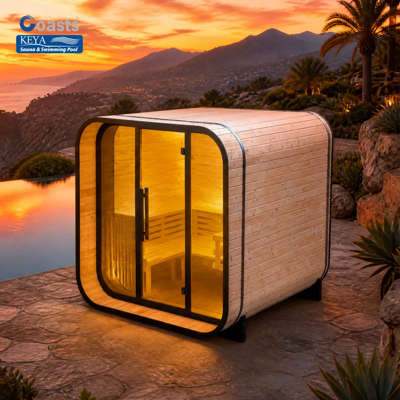 Contemporary Snow Country Sauna Featuring Curved Corners And Clear Glass Panels For Premium Alpine Chalet Deck