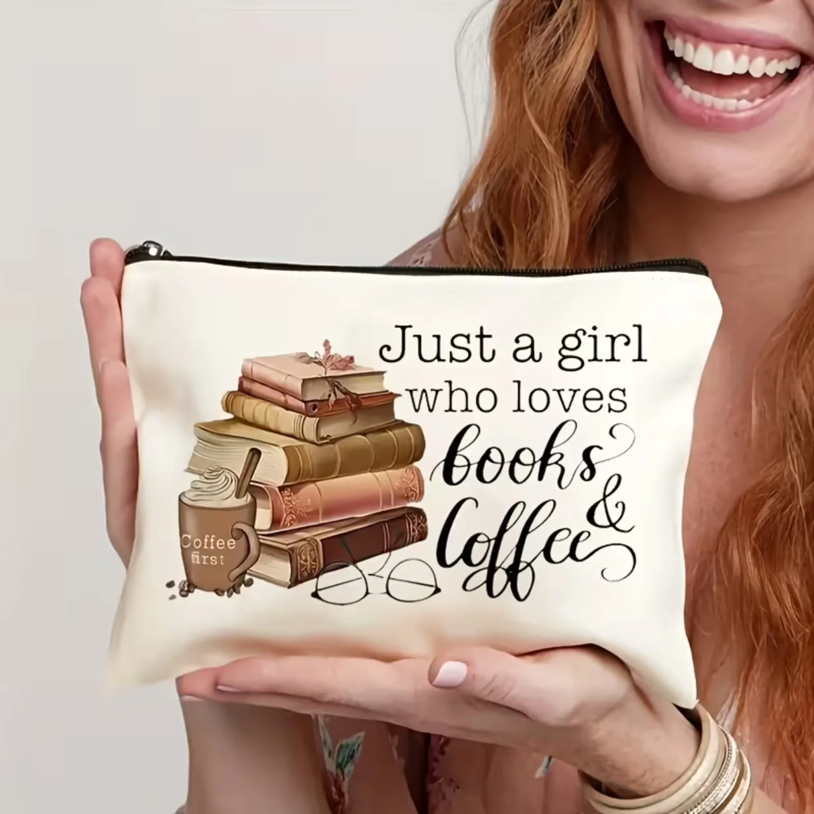 Just A Girl Who Loves Books and Coffee Canvas Cosmetic Bag Book Lover Gift Zipper Pouch Travel Makeup Organizer Bag for Women