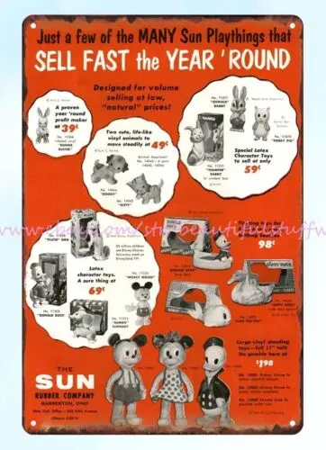 1954 The Sun Rubber Co. Latex Toy Dolls Oswald Rabbit Pluto metal tin sign