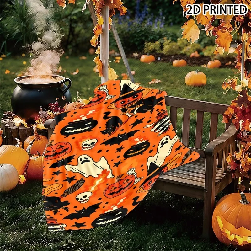 Playful Cartoon Halloween Throw Blanket with Vibrant Orange Spooky Pattern, Multiple Specifications Available, Festive Fall Deco