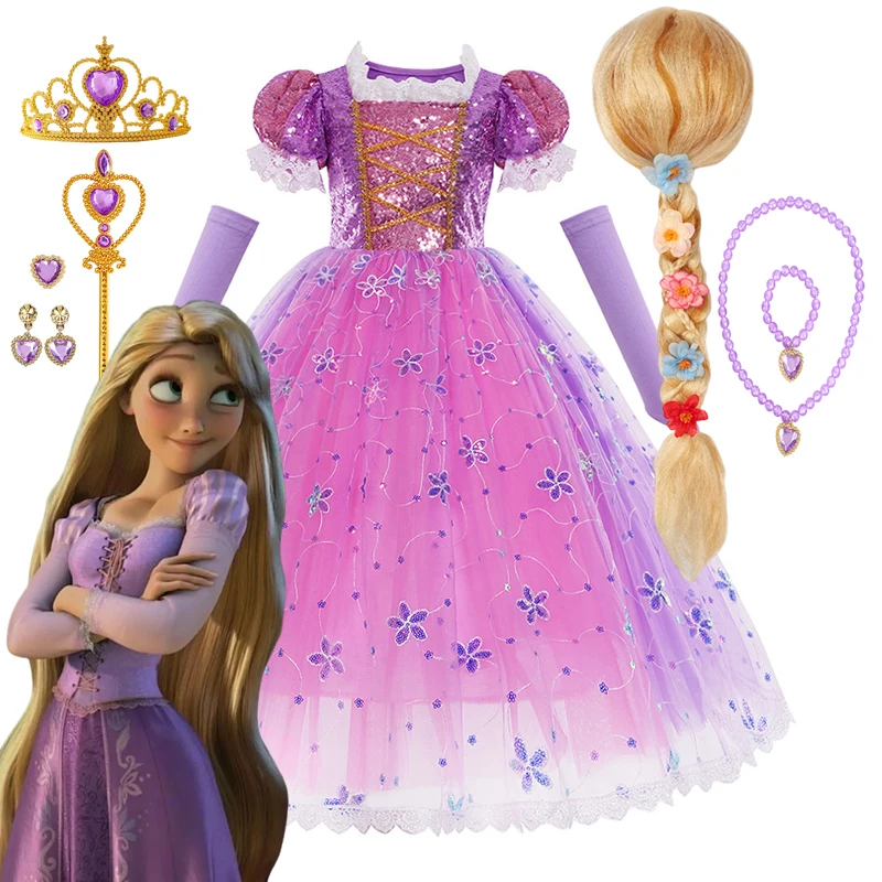 Disney Princess Rapunzel Girls Sequin Mesh Dresses Kids Cosplay Tangled Costume Party Vestido Birthday Christmas With Wigs 2-10T