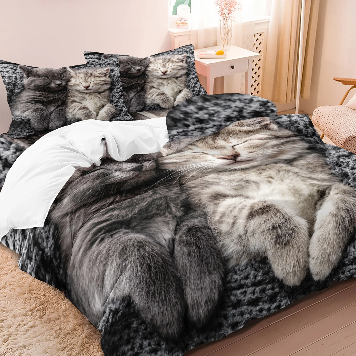 3pcs Romantic Valentine'S Day High-Grade Couple Cat Print Bedding Duvet Cover Set, SoftComfortable Bed Duvet Cover