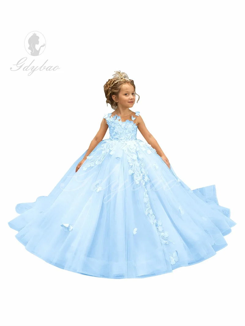 3D Butterfly Flower Girl Dress, Apliques de tule, Comunhão, Princesa Casamento Pageant, vestido de baile