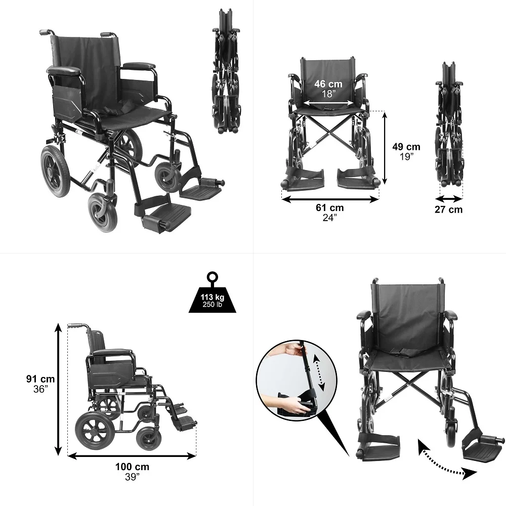 

Folding Transport Wheelchair with FlipBack Armrest and SwingAway Footrest, 18 Inch Wide Seat Transport Chair for Adults Seniors