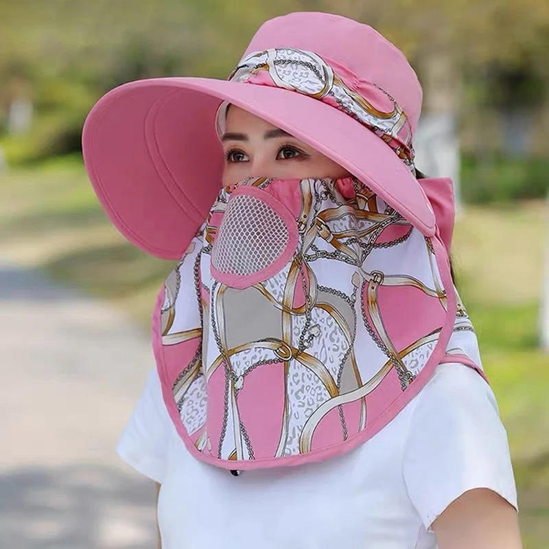 Sombrero de ala ancha para mujer, sombrero de pescador transpirable con estampado al aire libre, máscara facial desmontable, protección UV, Verano