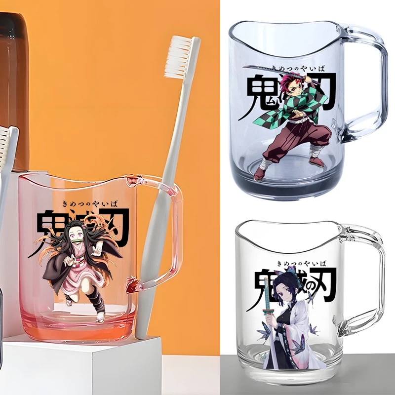 Copo de escova de dentes demon slayer, copo de plástico para enxaguatório bucal com suporte, copo transparente para gargarejo, lavagem da boca, acessórios de banheiro para casa