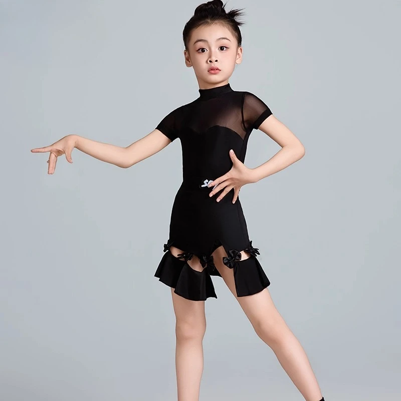 1set/lot children black latin dancing leotard and skirt girl velvet lace cha cha tango dancing costumes