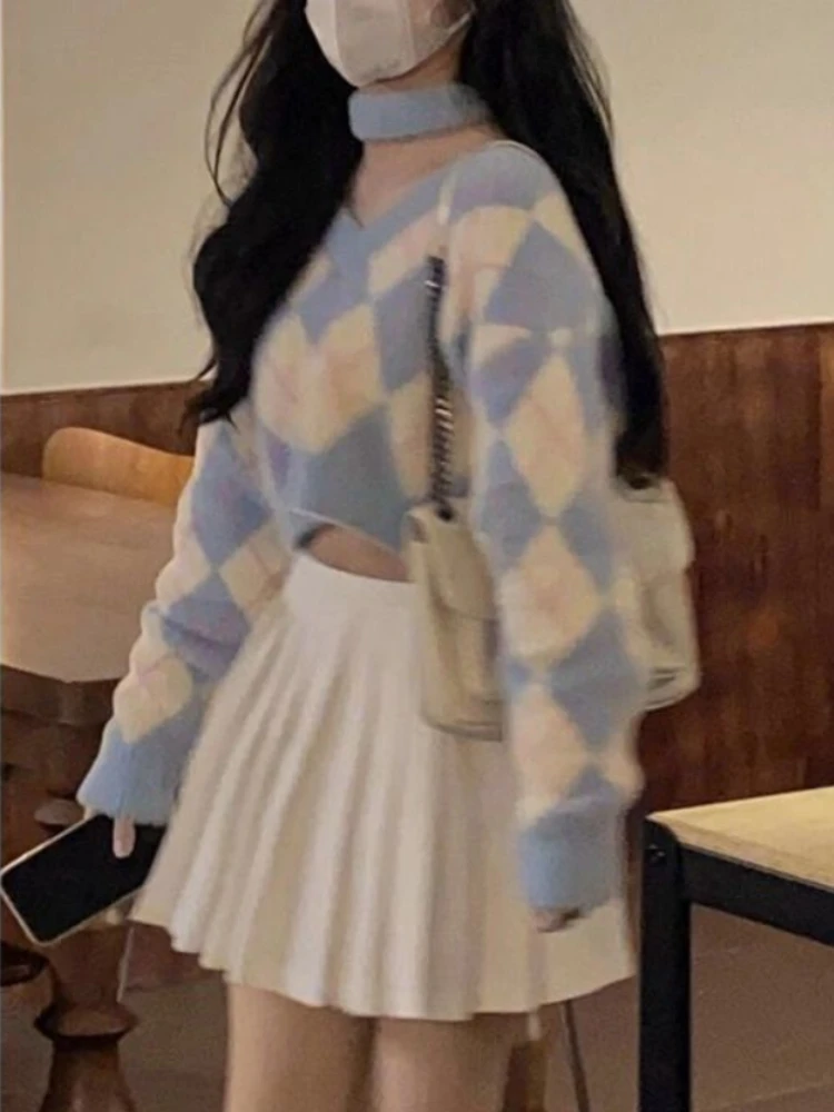 Cropped Pullovers Women Argyle Sweater Tender Design Sweet Retro Fresh Loose Kawaii Ulzzang Female College Cozy Young BF