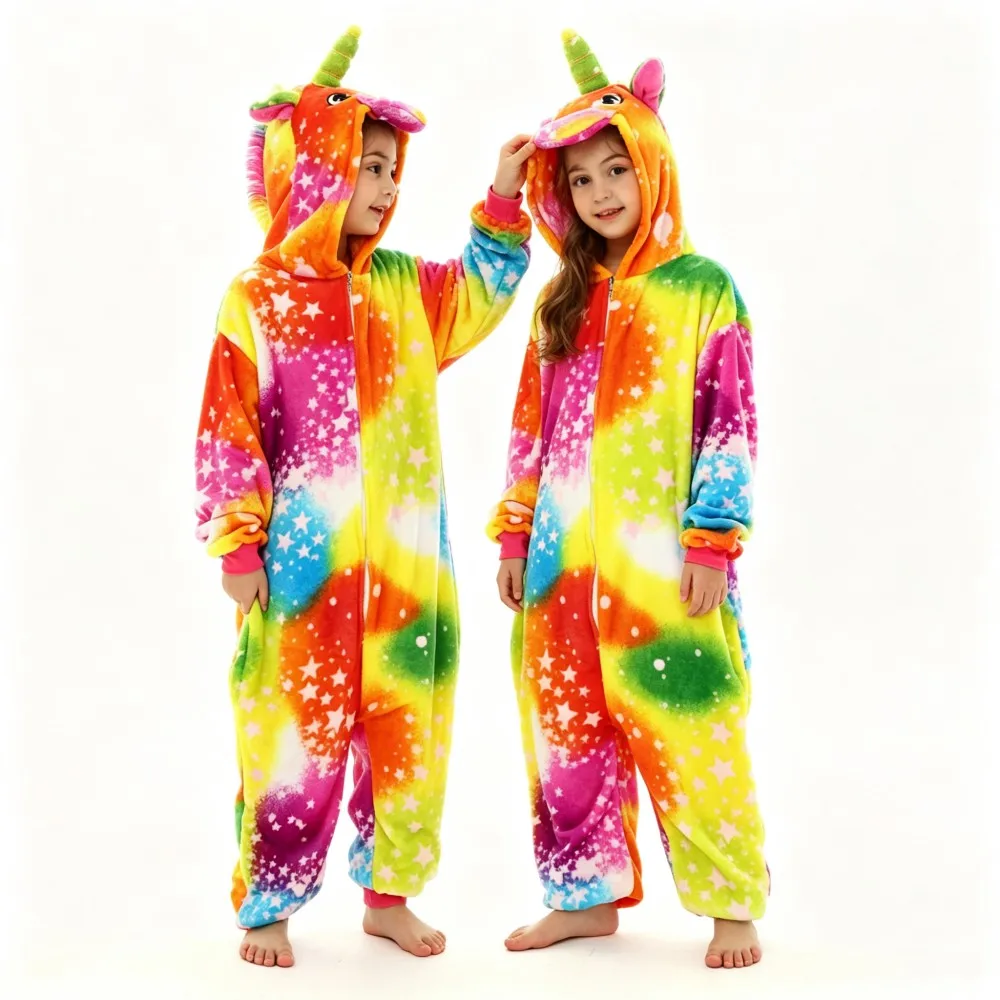 Girls Unicorn Kigurumi Pajamas Kids Homewear Winter Warm One Piece Hooded Jumpsuits Unicornio Pyjamas Onesie Boys Pijamas Tigers