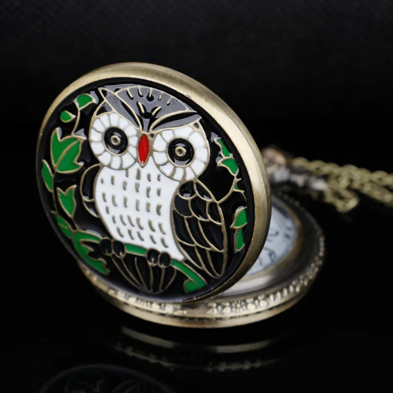 Painted Owl Flip Type Quartz Pocket Watch Bronze Unisex Children Clock Pendant Practical Watch Gift