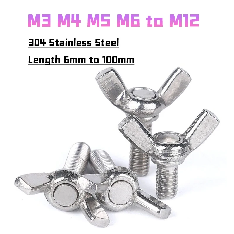 M3 M4 M5 M6 M8 M10 M12 A2-70 304 Stainless Steel Butterfly Wing Bolts Hand Tighting Wing Head Thumb Screws Length 6mm to 100mm