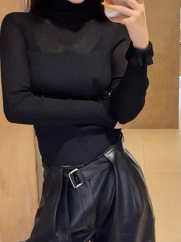 

Облегающий трикотажный топ с высоким воротником и длинными рукавами для женщин, повседневный, модный, антивозрастной, новинка ранней весны