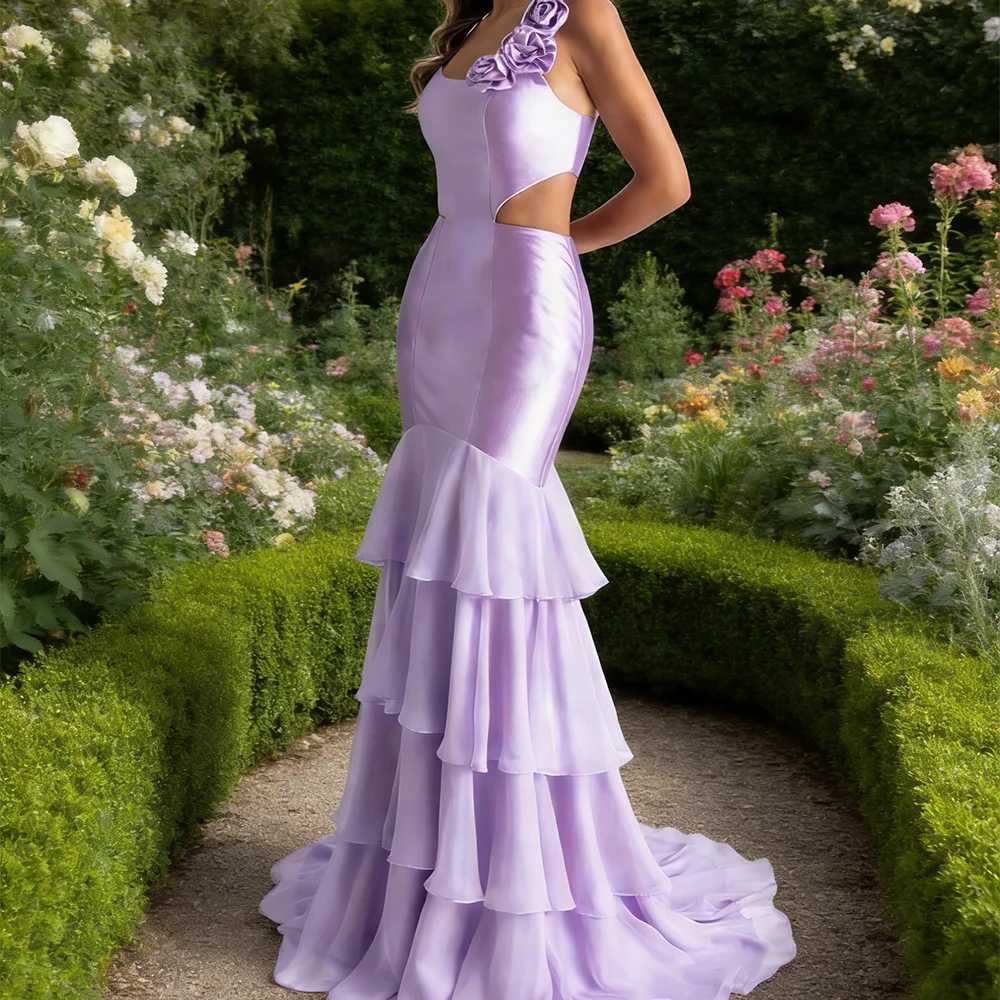 

Elegant Scoop Collar Flowers Cut-Out Tiered Lace Up Formal Evening Dresses Birthday Party Prom Gowns Customized