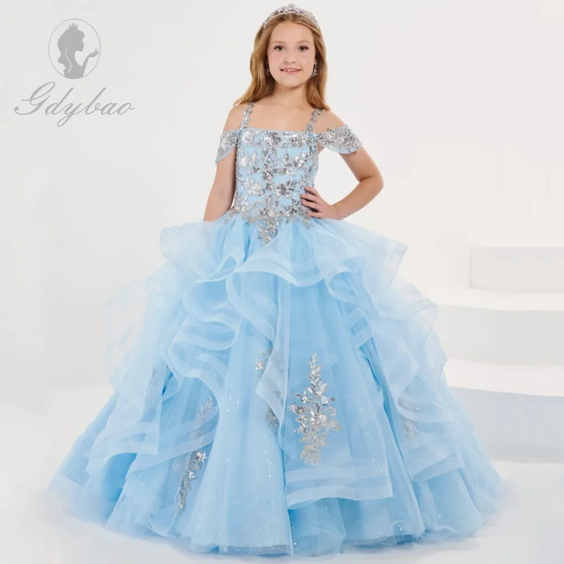 Vestidos da menina de flor céu azul tule em camadas prata flory apliques sem mangas para festa de aniversário de casamento banquete vestidos de princesa