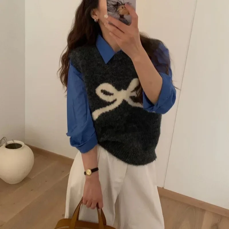 Kimotimo Bow Printed Knit Vest Women 2024 Autumn Winter O Neck Loose Outwear Waistcoat Tops Korean Y2k Sweet Short Sweater Pulls