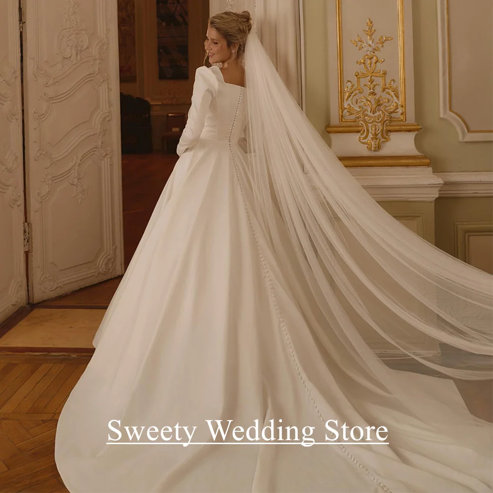 فستان الزفاف العربي مخصص ساحة الرقبة كامل الأكمام عودة زيبر أزرار ثوب الزفاف قطار الاجتياح ألف خط فساتين العروس #3