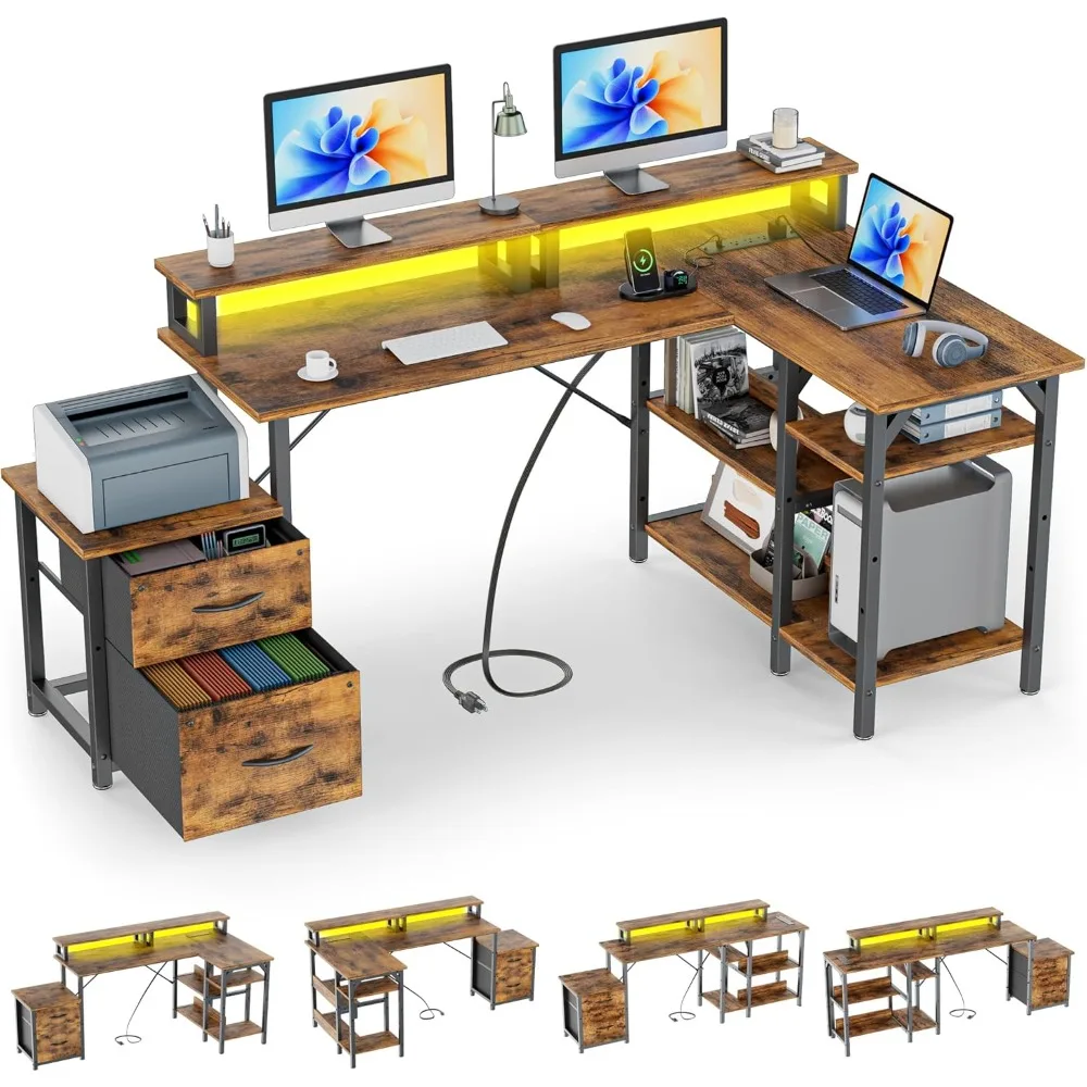 

L-shaped office desk with file drawers and power sockets, 69.3-inch reversible L-shaped computer desk