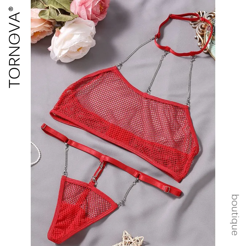 

Tornova Erotic Sexy Lingerie Chain Collar Hollow Out Solid Color Seductive Gather Together Hot Seductive Coquette Underwear Set