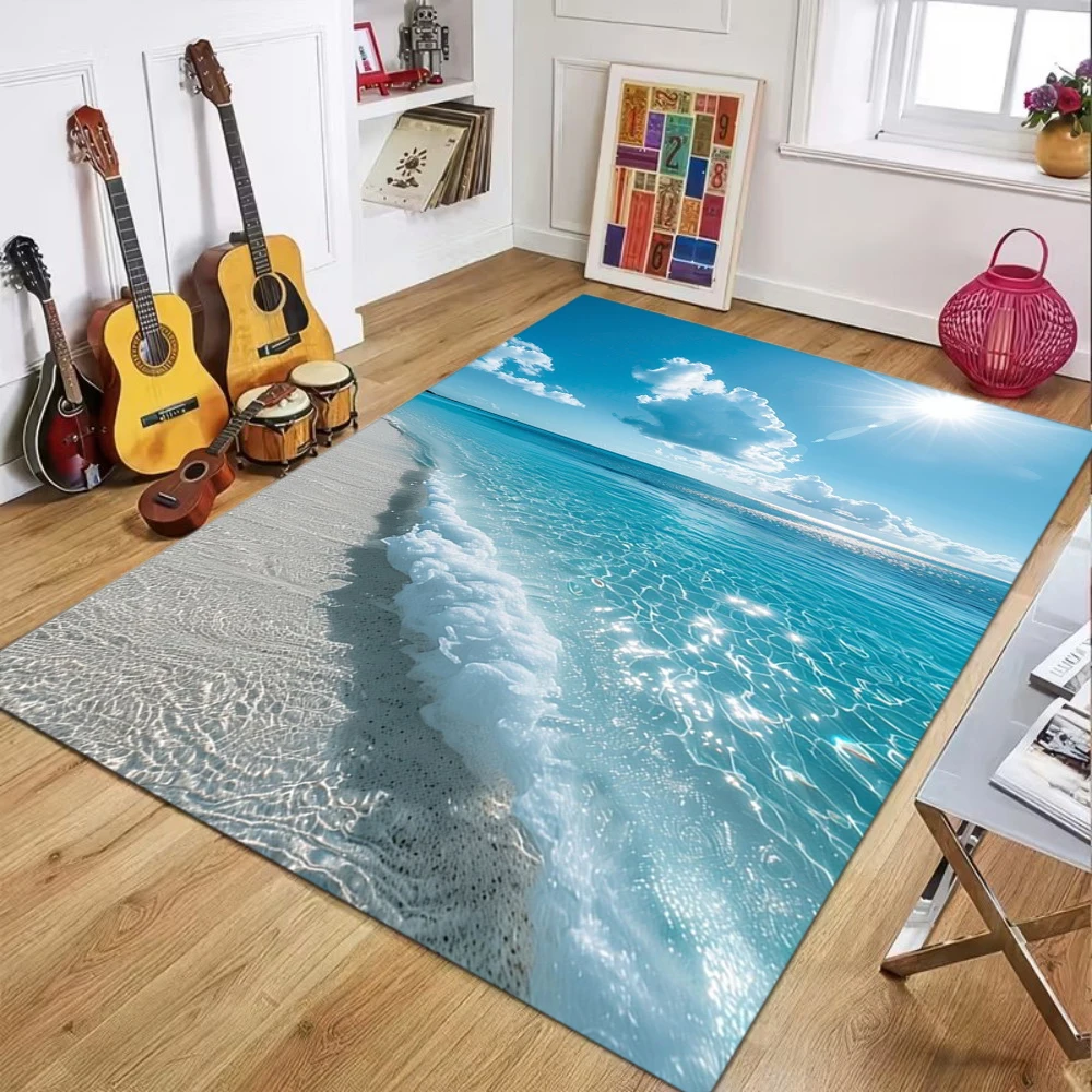 Beach Sand Sea Water with Palm Leaf Shadow Pattern Carpet Fresh Tropical Decor Soft Mat for Living Room Bedroom Home Decor