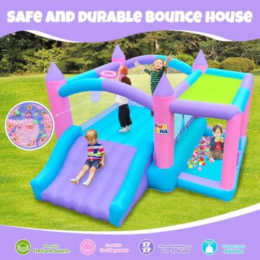Inflatable Bounce House with Slide, 7 in 1 Jumping Castle with Blower, 143 x 148 x 78 Inch Large Bouncer, Sunshade Cover, Baske
