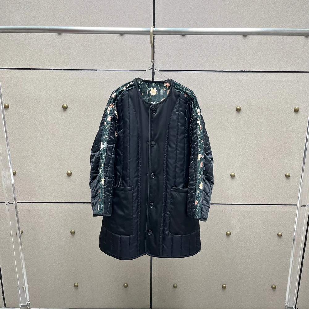 Fashion Print Reversible Women's Cotton Coat Elegant Commuter Warm Single-Breasted Long-Sleeve Cotton Jacket 2025 Winter New Y2k