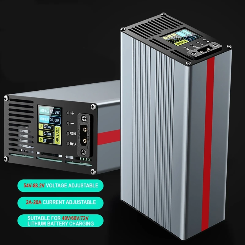 LCD Screen 54V-88.2V 2A-20A Voltage Curren Adjustable Li-ion Lifepo4 Lithium Battery Charger with Anderson (50A) / Tricycle Plug