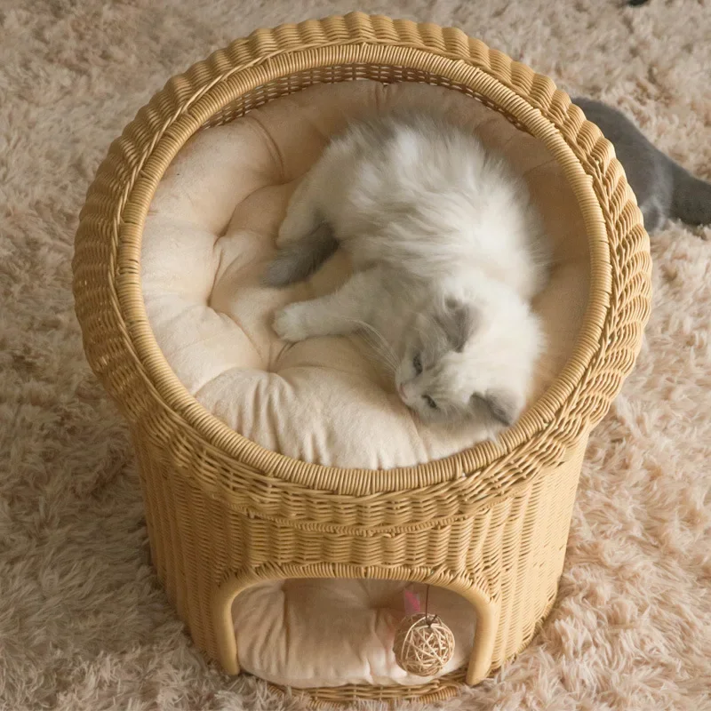 Hot sell Four Seasons Universal Woven Pet Bed Double-layer Cat Nest Cat Villa Semi-enclosed Cat Nest Rattan