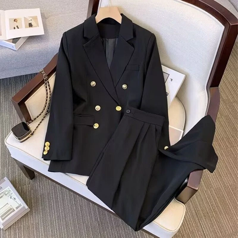 

Women Black Double Button Blazers Pants Two Piece Set Spring Autumn Office Lady Basic Pure Color Suit Jackets Trousers Outfits