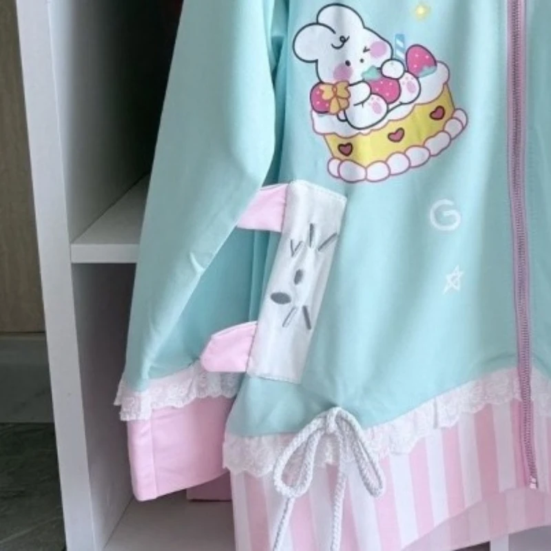 اليابانية Kawaii لطيف الكرتون الطباعة هوديي نمط Preppy ELace المرقعة الجرونج بلوزات Y2k الجمالية ضمادة فضفاضة هودي