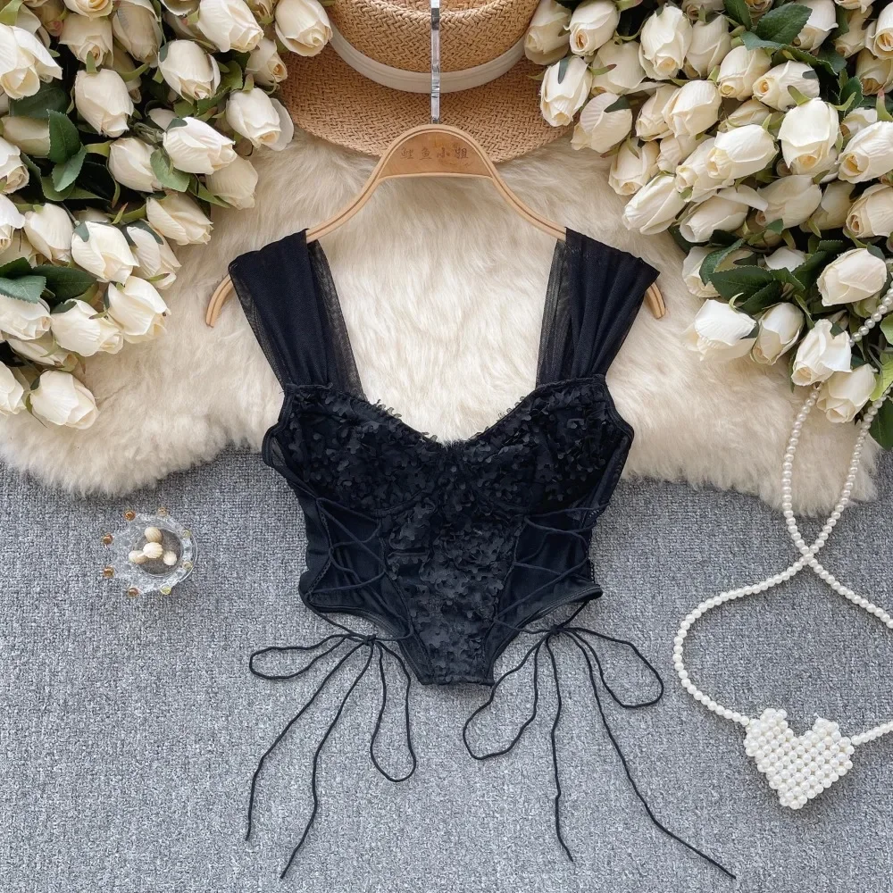 Sexy renda malha bandagem tubo topo chique sem alças camis magro coreano tanques topo elegante básico colheita topo outono feminino bustier