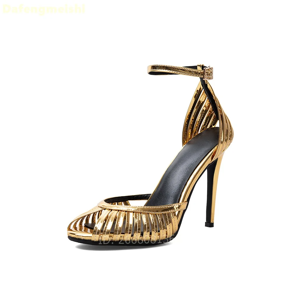 Metallic Gold Cutout Cage Ankle Strap Sandals Round Peep Toe Adjustable Buckle Stiletto Heels Women Wedding Party Dress Shoes view 5