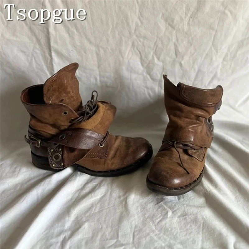 Vintage Distressed Brown Leather Ankle Boots Women Lace Up Strap Buckle Rivet Decor Low Block Heel Retro Cowboy Booties