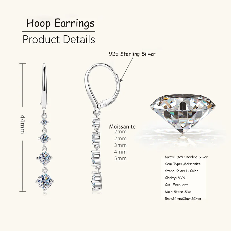 RAPRGOLD GRA Certified Moissanite Star Tassels Chains Hoop Earring for Women 925 Sterling Silver Earring Jewelry Gift Pendientes
