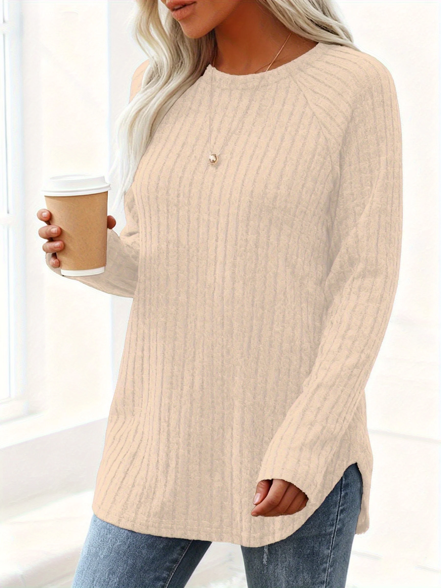 Gemütliches Plus-Size-Langarmshirt für Damen mit Rippenmuster für mühelosen Stil und Komfort – Detail 6