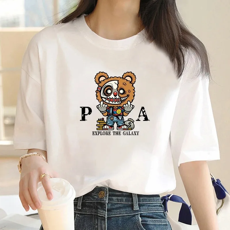 New Luxury Brand Bear For Women's High-Quality Summer Print T-shirt 100% Cotton Casual Oversized Y2k Personality Sleeve O-neck