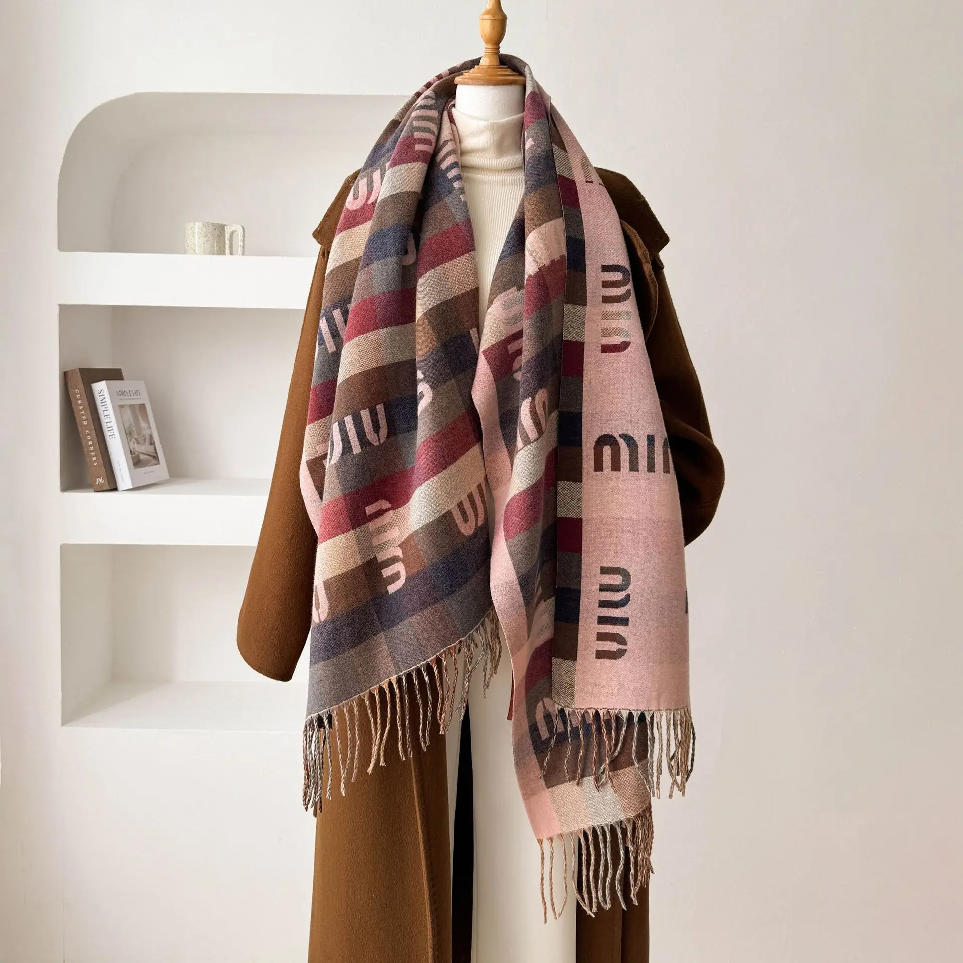 Vintage Plaid Letter Jacquard Scarf Shawl for Women Double Sided Imitation Cashmere Fringe Long Wrap Thick Warm Neck Stole