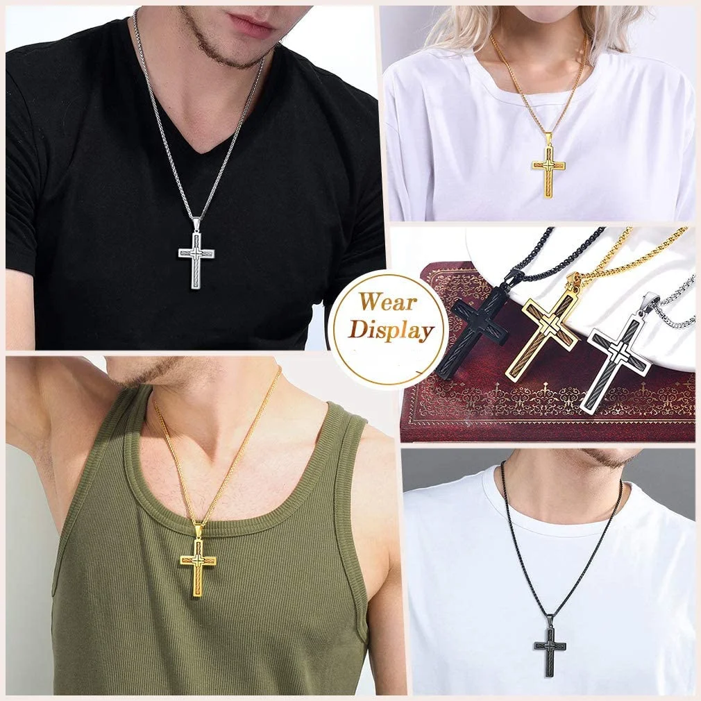 U7 Black Gold Color Stainless Steel Vintage Style Brainding Rope Pattern Cross Necklace for Man Woman Catholic Daily Jewelry